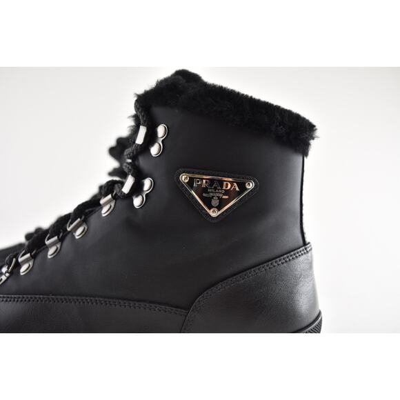 Prada Brixxen 38 Black Shearling Leather Nylon Lug Sole Lace Up Hiking Boot 40.5 - Picture 15 of 16